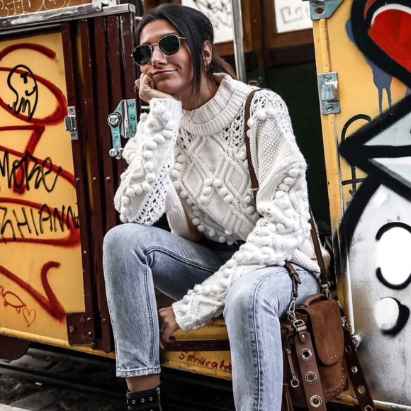 Pom Pom Detail Oversized White Sweater High Neck - Picture 2 of 8